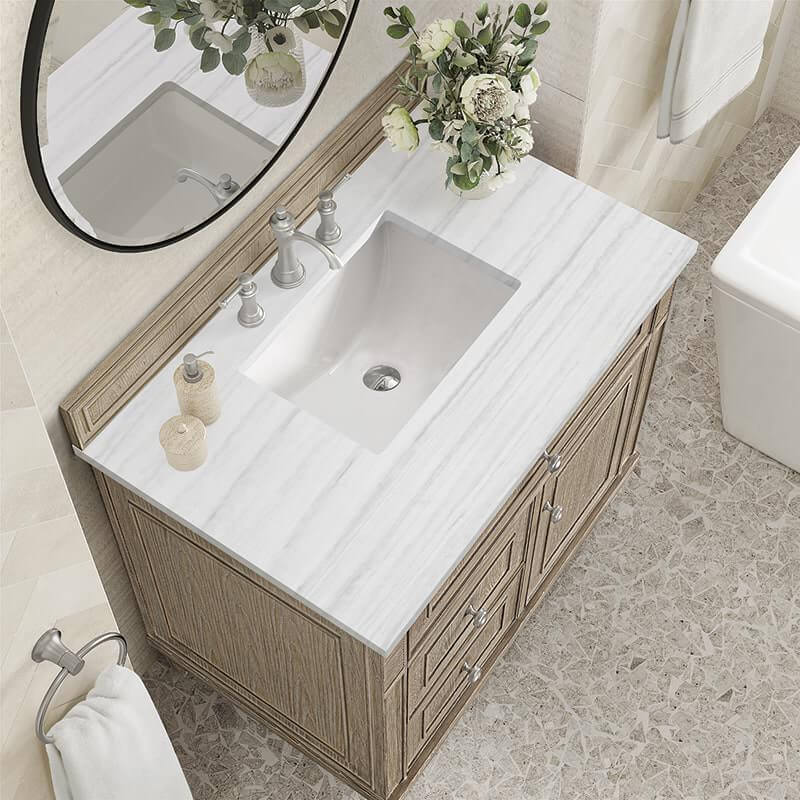 James Martin Lorelai 36" Single Vanity in Whitewashed Oak With Arctic Fall Solid Surface Top