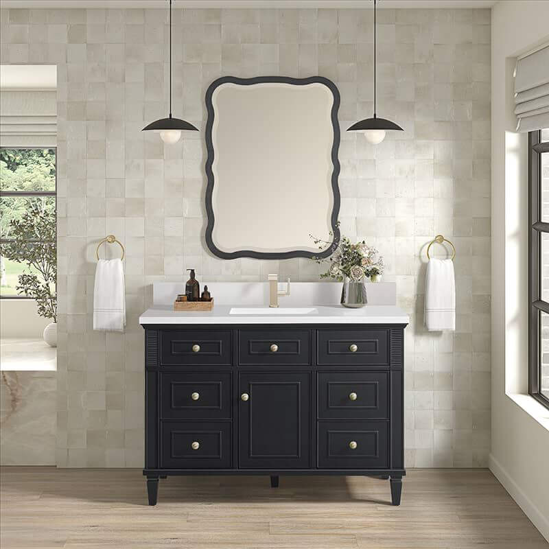 James Martin Lorelai 48 Inch Single Vanity in Black Onyx With Single Hole Faucet White Zeus Silestone Top Backsplash