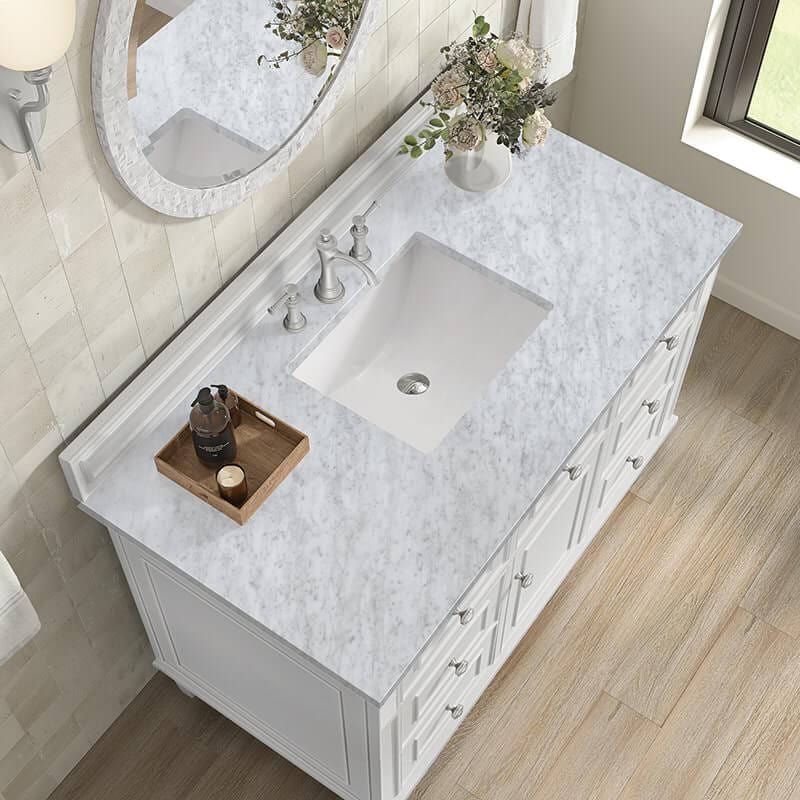 James Martin Lorelai 48 Inch Single Vanity in Bright White With Carrara White Marble Top