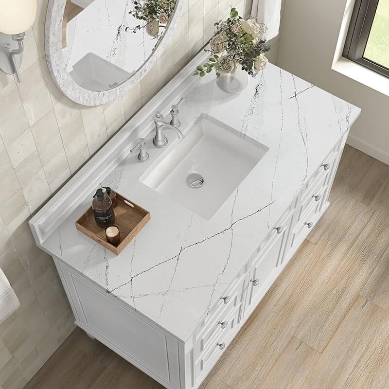 James Martin Lorelai 48 Inch Single Vanity in Bright White With Ethereal Noctis Silestone Top