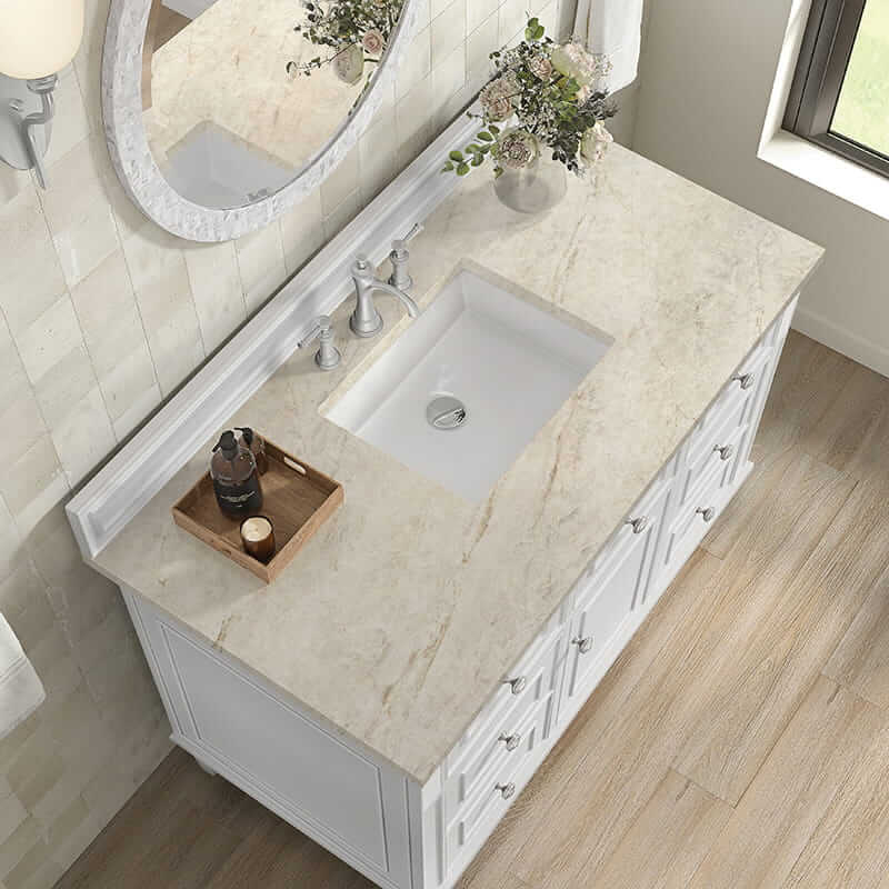 James Martin Lorelai 48 Inch Single Vanity in Bright White With Tajnar Eclos Top