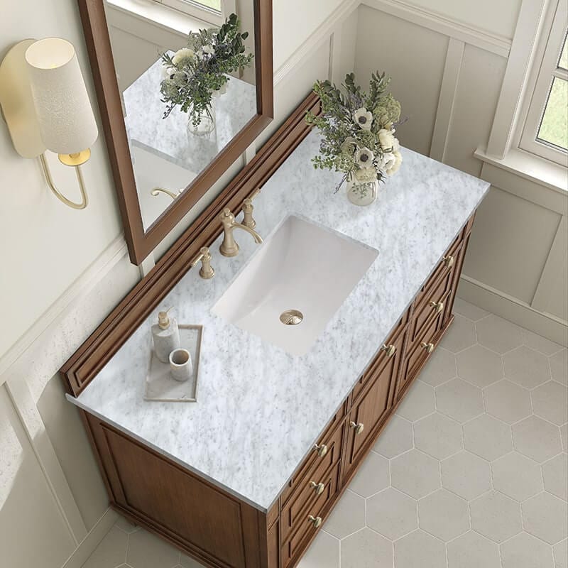 James Martin Lorelai 48 Inch Single Vanity in Mid Century Walnut With Carrara White Marble Top