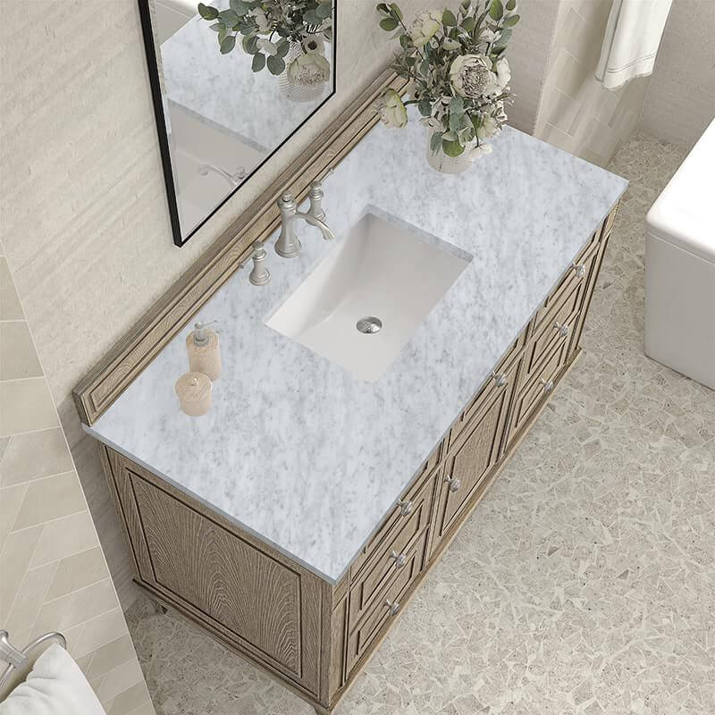 James Martin Lorelai 48 Inch Single Vanity in Whitewashed Oak With Carrara White Marble Top