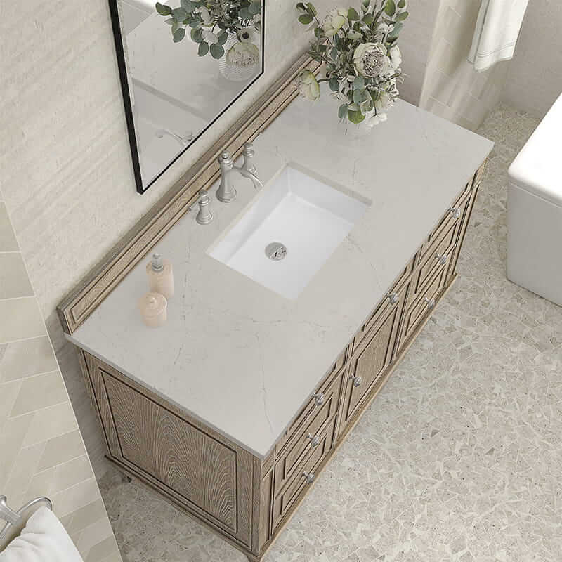 James Martin Lorelai 48 Inch Single Vanity in Whitewashed Oak With Siberian Silestone Top