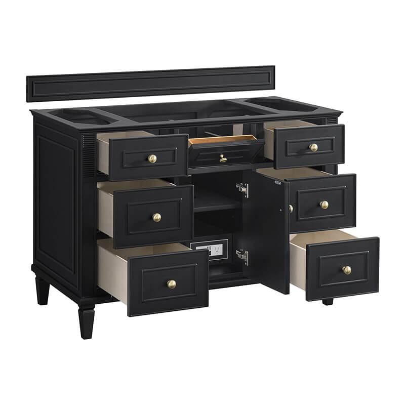 James Martin Lorelai 48" Single Vanity in Black Onyx Corner View Drawers-Opened