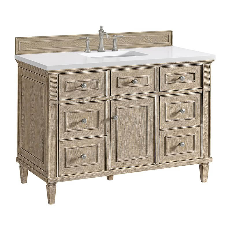 James Martin Lorelai 48" Single Vanity in Whitewashed Oak Corner View With Countertop