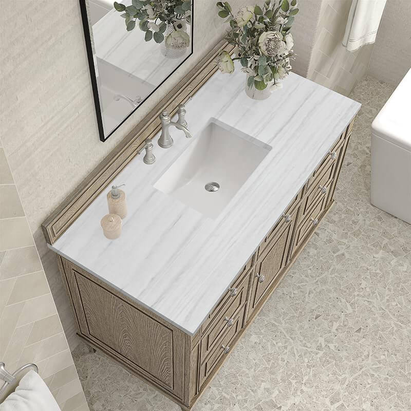 James Martin Lorelai 48" Single Vanity in Whitewashed Oak With Arctic Fall Solid Surface Top