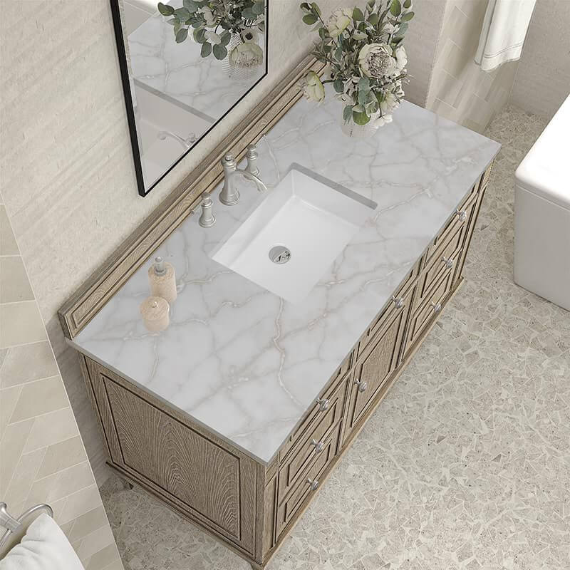 James Martin Lorelai 48" Single Vanity in Whitewashed Oak With Victorian Silver Silestone Top