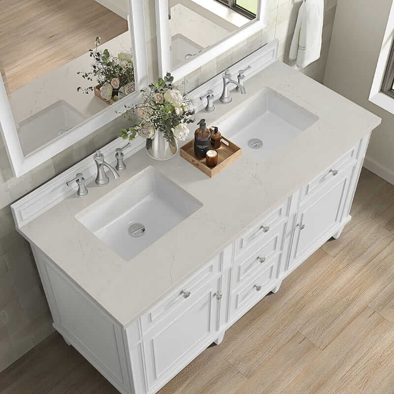 James Martin Lorelai 60" Double Vanity in Bright White With Siberian Silestone Top