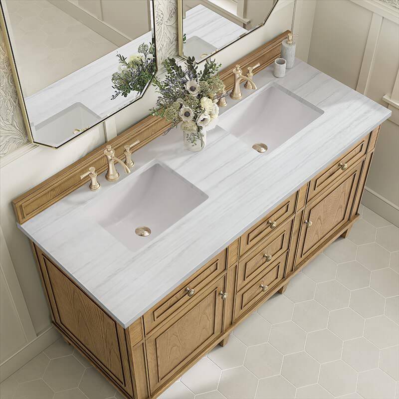 James Martin Lorelai 60" Double Vanity in Light Natural Oak With Arctic Fall Solid Surface Top