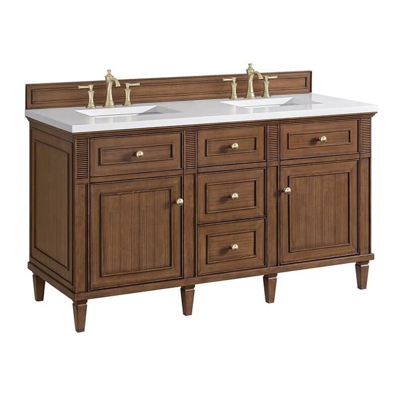James Martin Lorelai 60" Double Vanity in Mid Century Walnut Corner View With Countertop