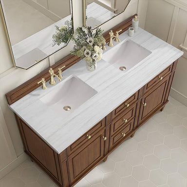 James Martin Lorelai 60" Double Vanity in Mid Century Walnut With Arctic Fall Solid Surface Top