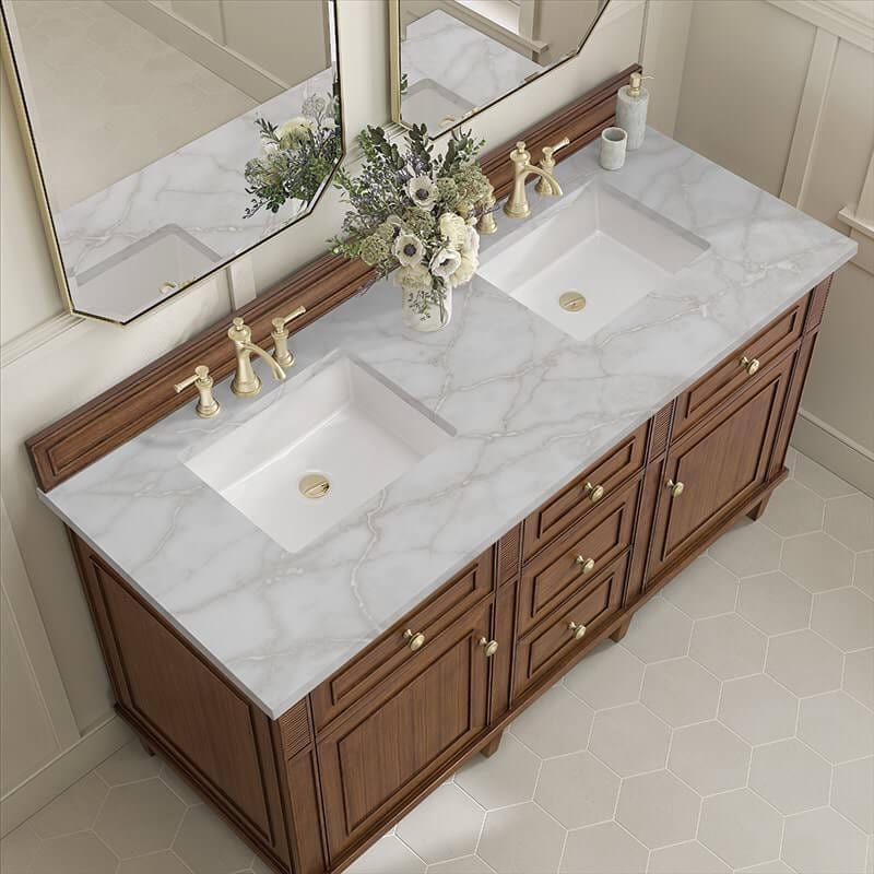 James Martin Lorelai 60" Double Vanity in Mid Century Walnut With Victorian Silver Silestone Top