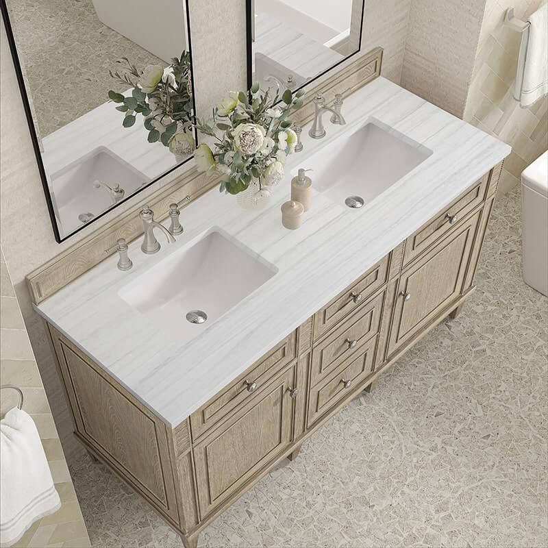James Martin Lorelai 60" Double Vanity in Whitewashed Oak With Arctic Fall Solid Surface Top
