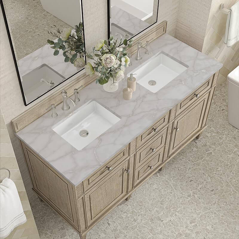 James Martin Lorelai 60" Double Vanity in Whitewashed Oak With Victorian Silver Silestone Top