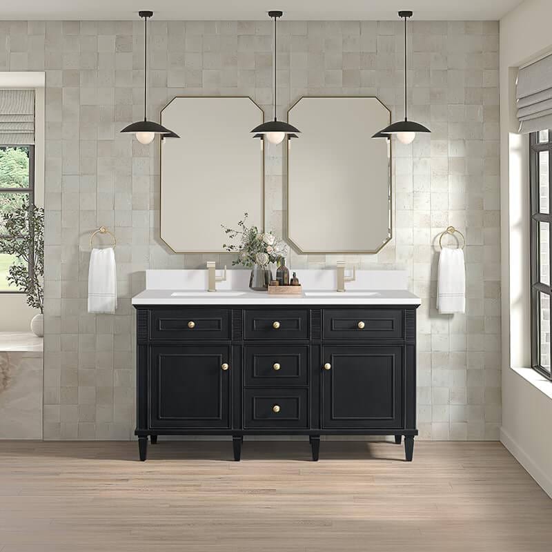 James Martin Lorelai 60 Inch Double Vanity in Black Onyx With Single Hole Faucet White Zeus Silestone Top Backsplash