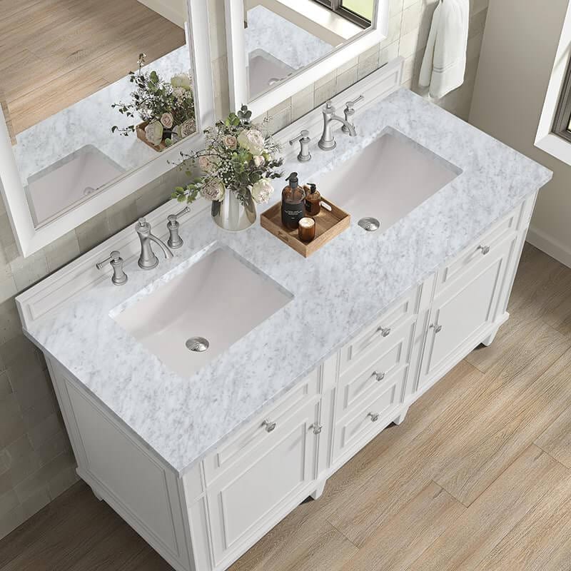 James Martin Lorelai 60 Inch Double Vanity in Bright White With Carrara White Marble Top