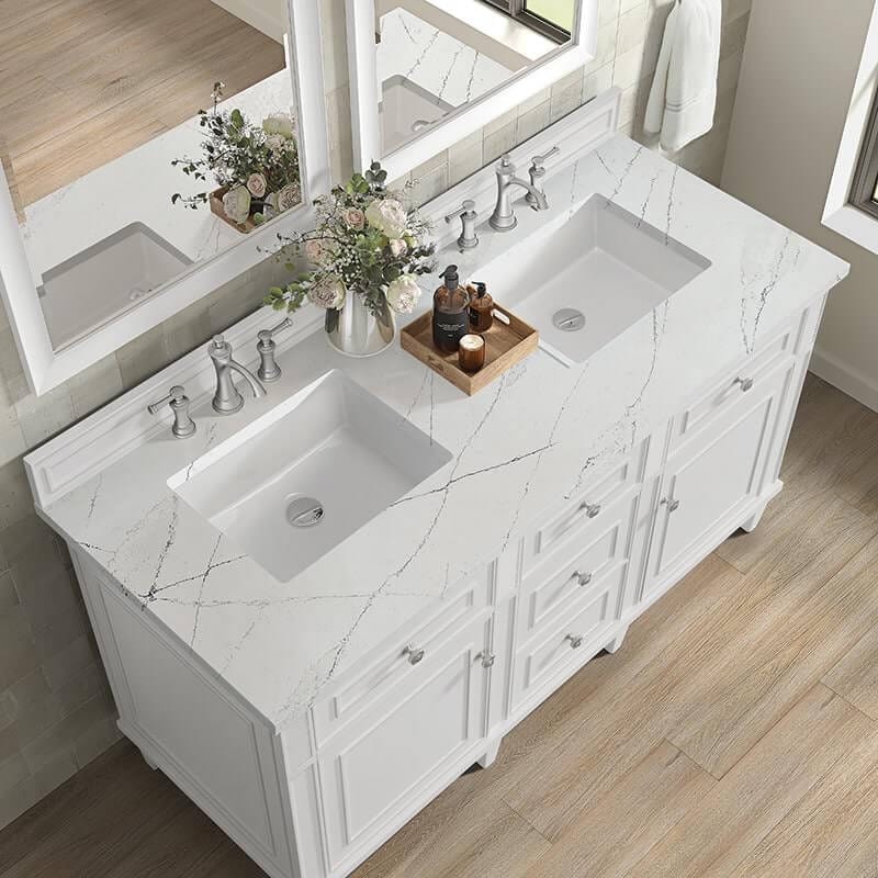James Martin Lorelai 60 Inch Double Vanity in Bright White With Ethereal Noctis Silestone Top