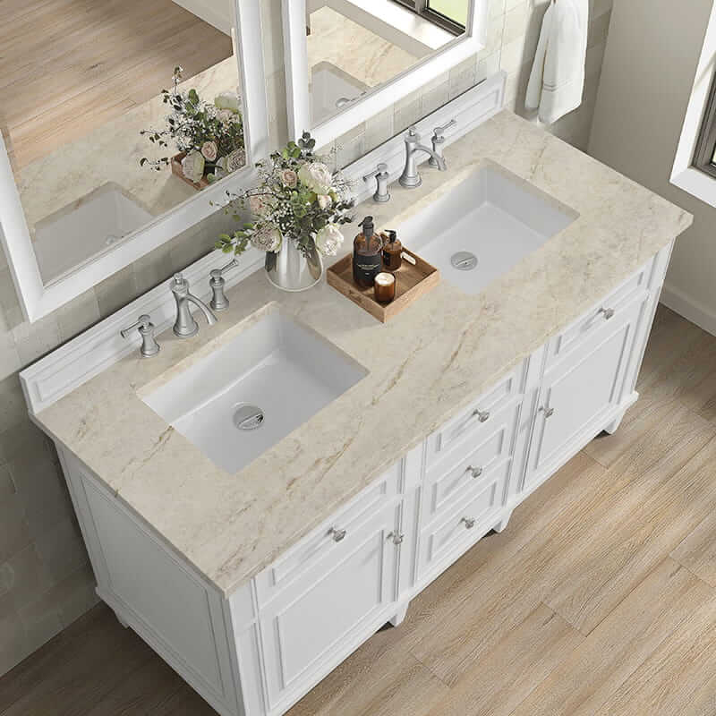 James Martin Lorelai 60 Inch Double Vanity in Bright White With Tajnar Eclos Top