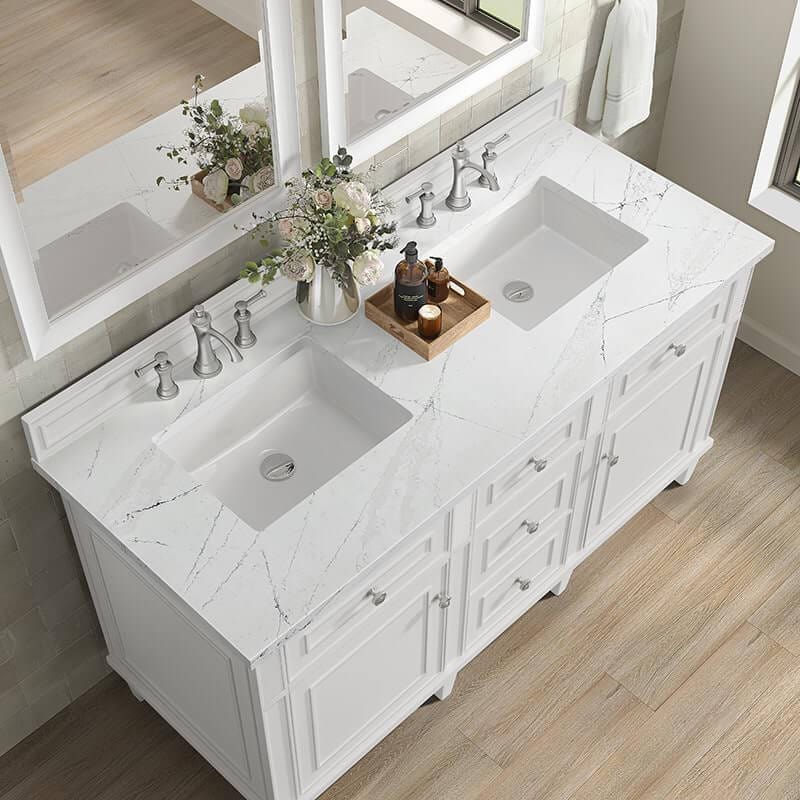 James Martin Lorelai 60 Inch Double Vanity in Bright White With White Zeus Silestone Top