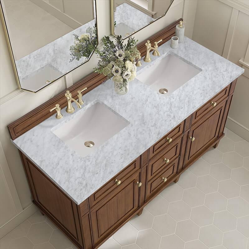 James Martin Lorelai 60 Inch Double Vanity in Mid Century Walnut With Carrara White Marble Top
