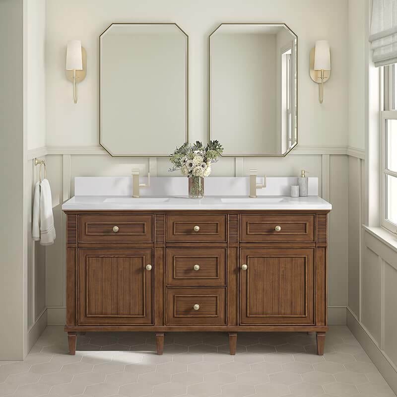 James Martin Lorelai 60 Inch Double Vanity in Mid Century Walnut With Single Hole Faucet White Zeus Silestone Top Backsplash