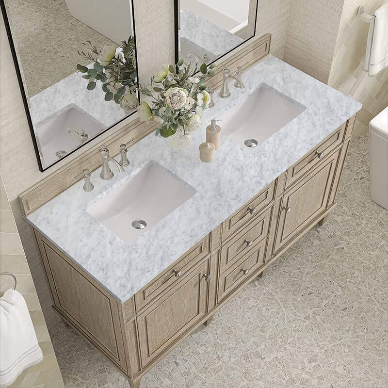 James Martin Lorelai 60 Inch Double Vanity in Whitewashed Oak With Carrara White Marble Top
