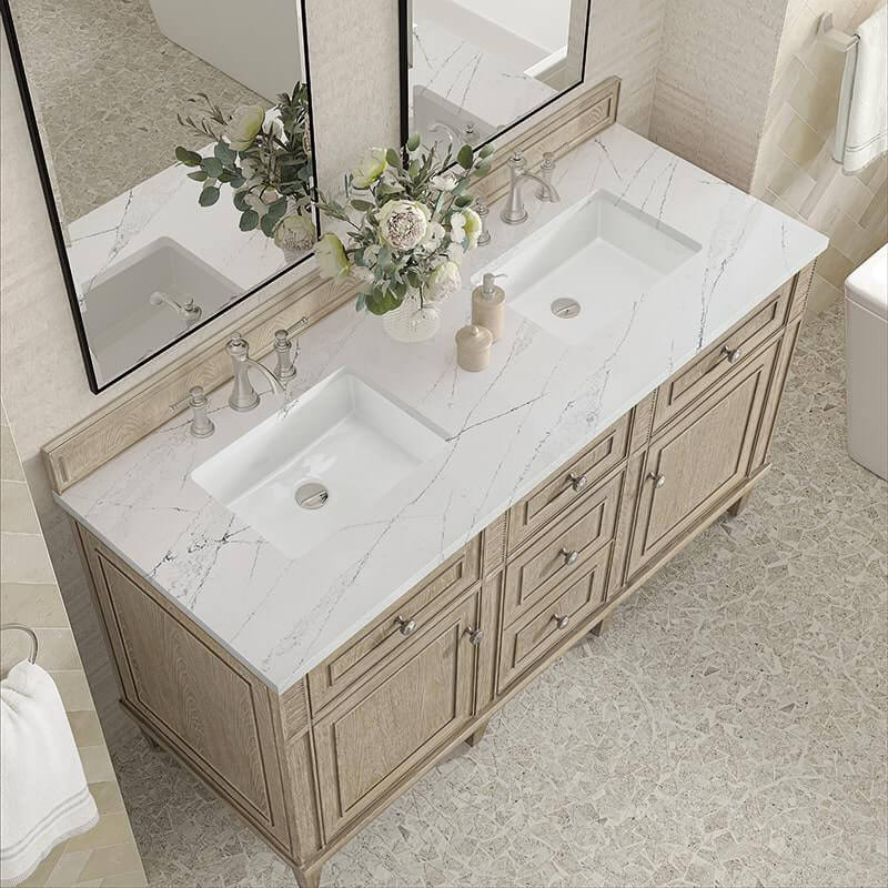 James Martin Lorelai 60 Inch Double Vanity in Whitewashed Oak With Ethereal Noctis Silestone Top