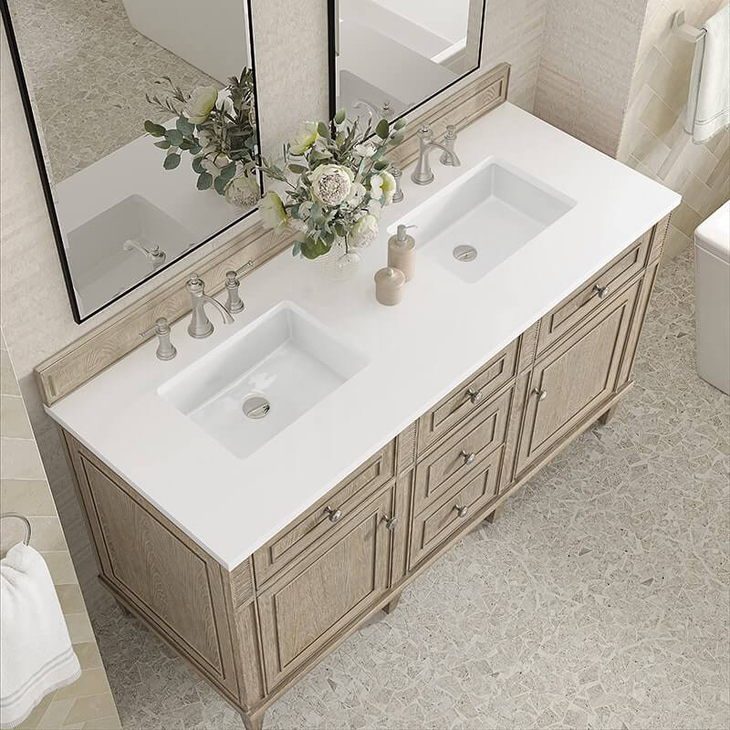 James Martin Lorelai 60 Inch Double Vanity in Whitewashed Oak With White Zeus Silestone Top
