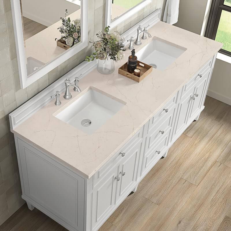 James Martin Lorelai 72" Double Vanity in Bright White With Eternal Marfil Silestone Top