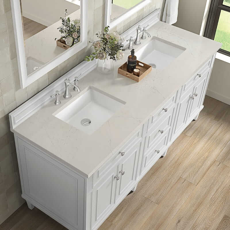 James Martin Lorelai 72" Double Vanity in Bright White With Siberian Silestone Top
