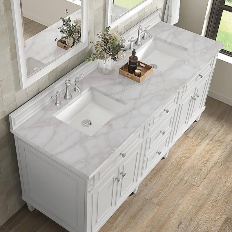 James Martin Lorelai 72" Double Vanity in Bright White With Victorian Silver Silestone Top