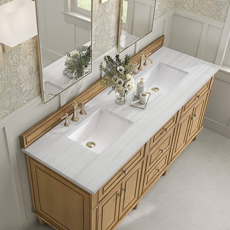 James Martin Lorelai 72" Double Vanity in Light Natural Oak With Arctic Fall Solid Surface Top