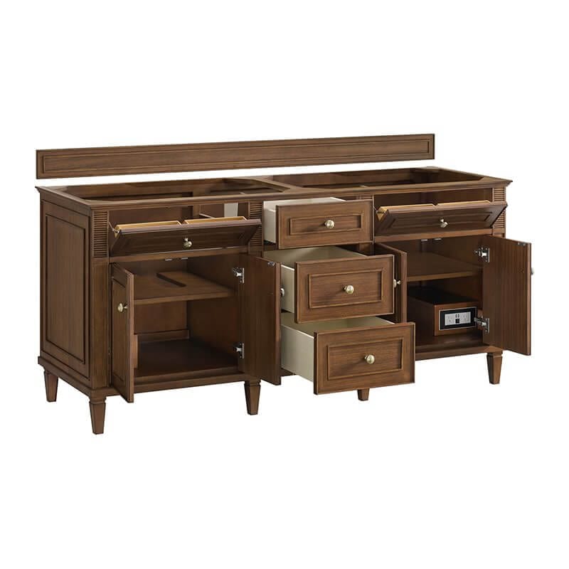 James Martin Lorelai 72" Double Vanity in Mid-Century Walnut Corner View Opened Drawers