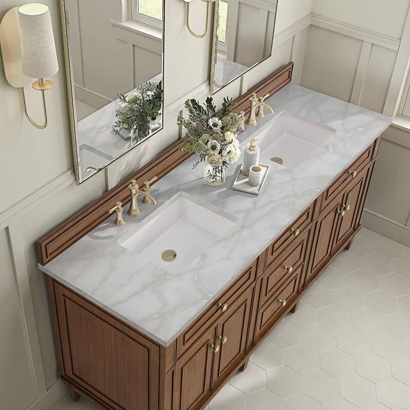 James Martin Lorelai 72 Double Vanity in Mid Century Walnut With Victorian Silver Silestone Top
