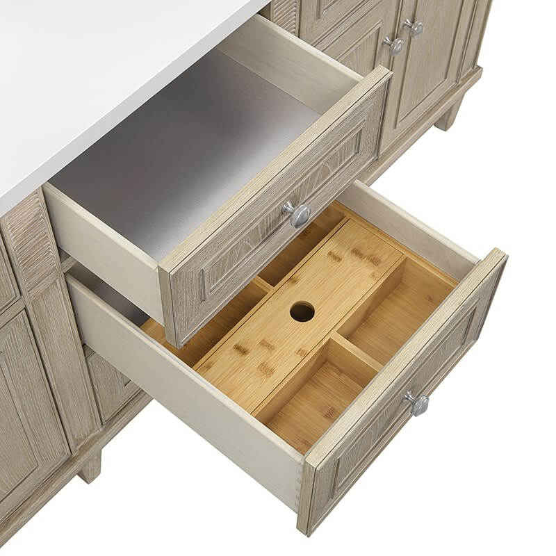 James Martin Lorelai 72" Double Vanity in Whitewashed Oak Top View Open Drawers