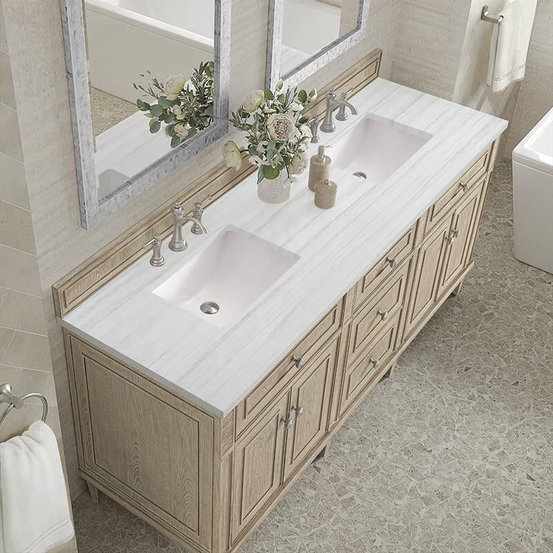 James Martin Lorelai 72" Double Vanity in Whitewashed Oak With Arctic Fall Solid Surface Top