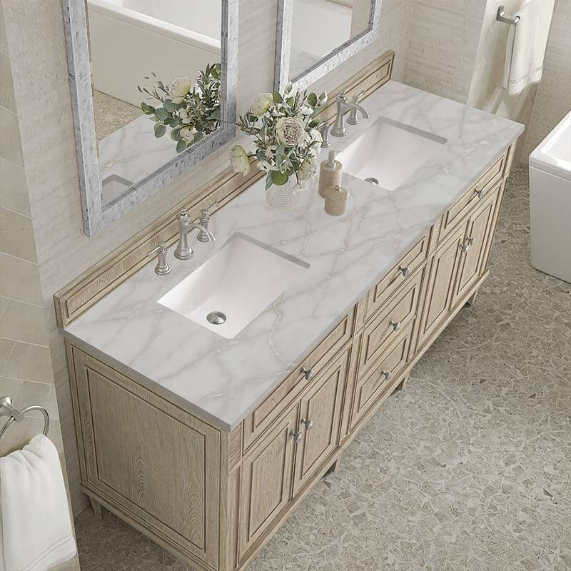 James Martin Lorelai 72" Double Vanity in Whitewashed Oak With Victorian Silver Silestone Top