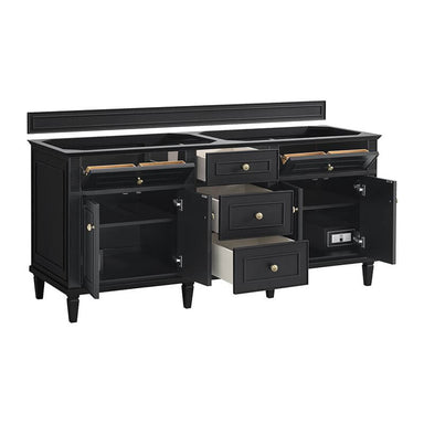 James Martin Lorelai 72 Inch Double Vanity in Black Onyx Corner View Open Drawers