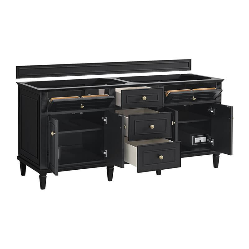 James Martin Lorelai 72 Inch Double Vanity in Black Onyx Corner View Open Drawers