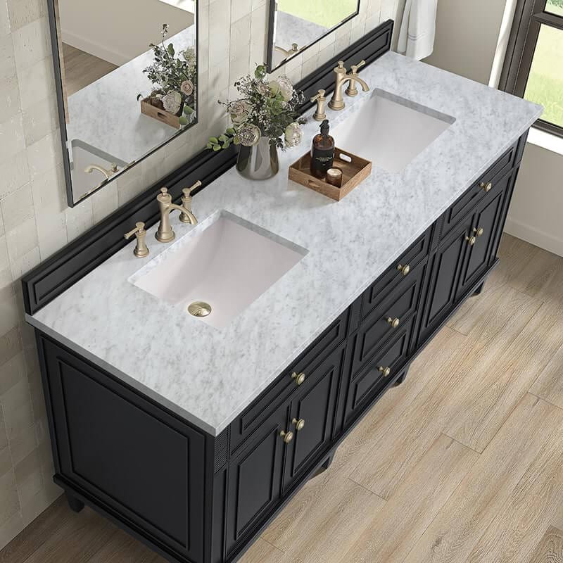 James Martin Lorelai 72 Inch Double Vanity in Black Onyx With Carrara White Marble Top