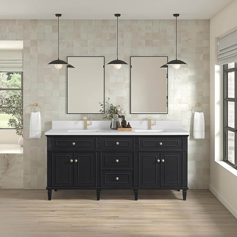 James Martin Lorelai 72 Inch Double Vanity in Black Onyx With Single Hole Faucet White Zeus Silestone Top Backsplash