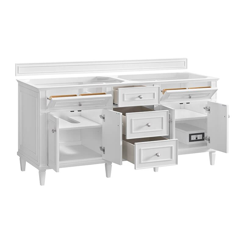 James Martin Lorelai 72 Inch Double Vanity in Bright White Corner View Open Drawers