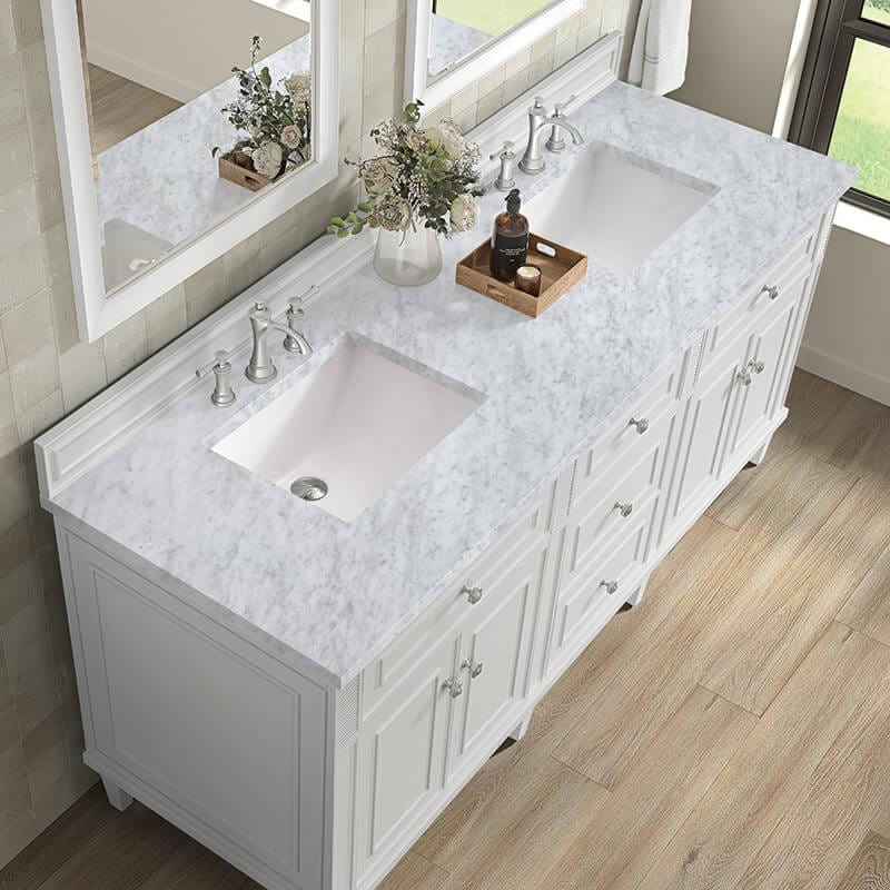 James Martin Lorelai 72 Inch Double Vanity in Bright White With Carrara White Marble Top