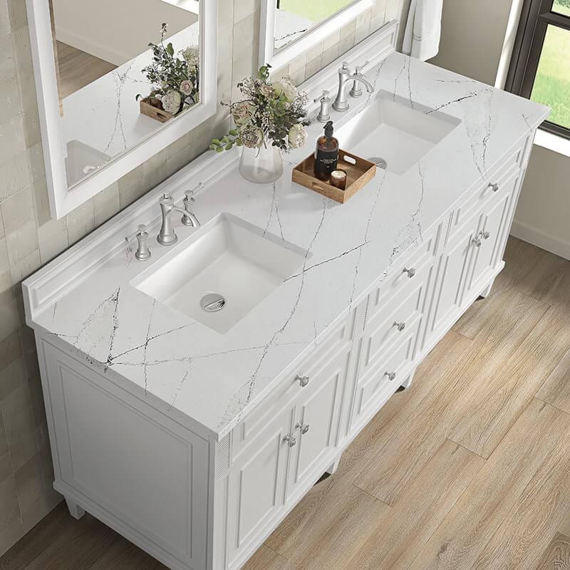 James Martin Lorelai 72 Inch Double Vanity in Bright White With Ethereal Noctis Silestone Top