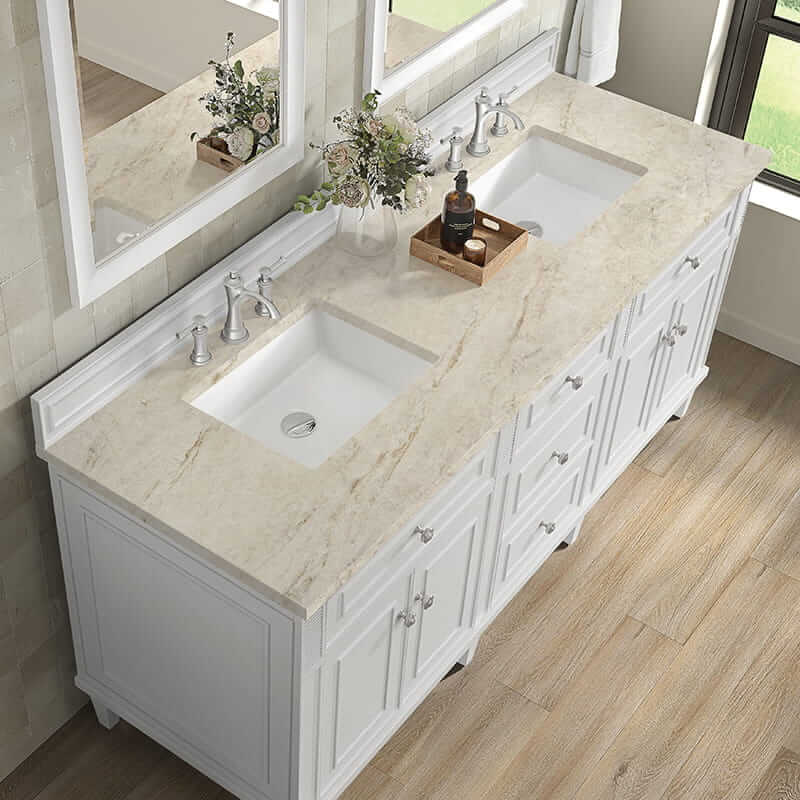 James Martin Lorelai 72 Inch Double Vanity in Bright White With Tajnar Eclos Top