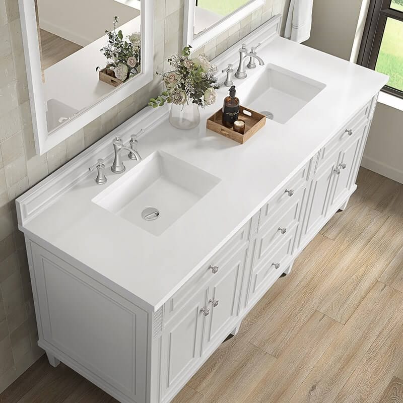 James Martin Lorelai 72 Inch Double Vanity in Bright White With White Zeus Silestone Top