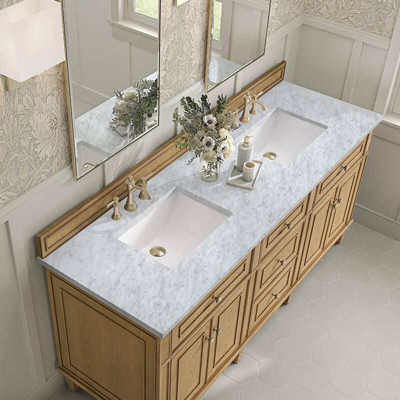James Martin Lorelai 72 Inch Double Vanity in Light Natural Oak With Carrara White Marble Top