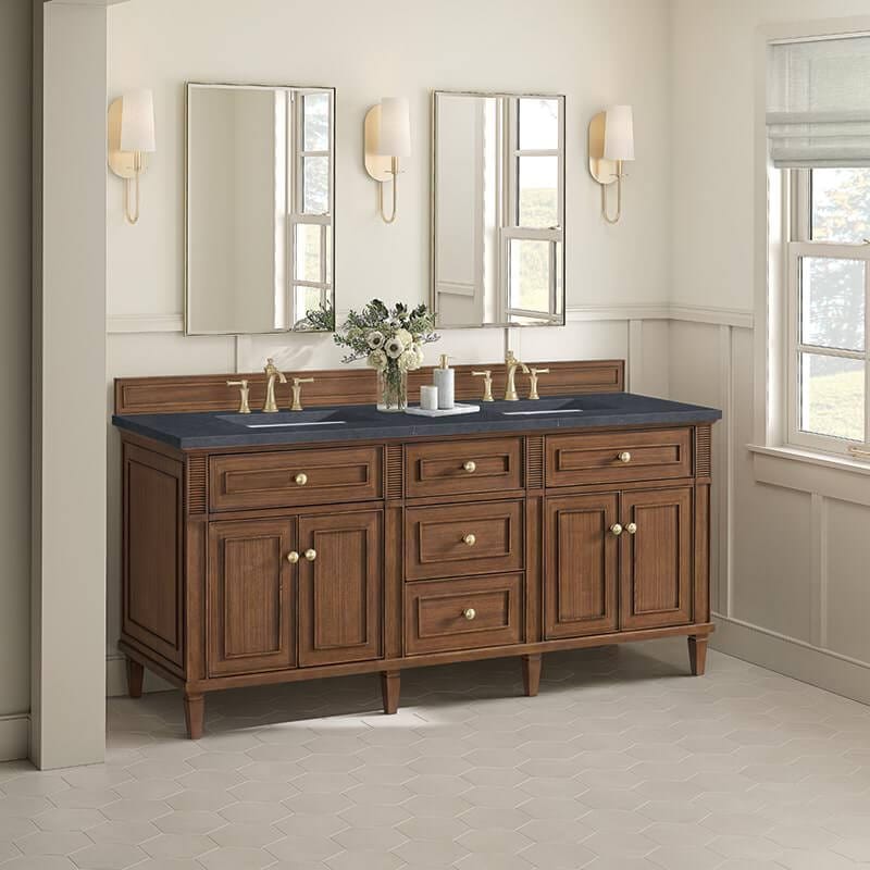 James Martin Lorelai 72 Inch Double Vanity in Mid Century Walnut Corner View