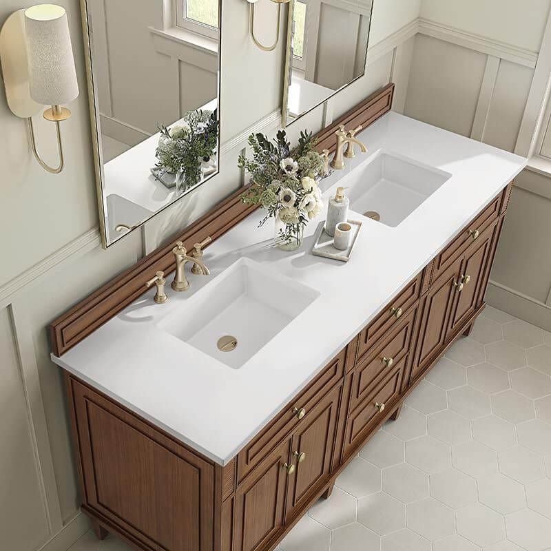 James Martin Lorelai 72 Inch Double Vanity in Mid-Century Walnut With White Zeus Silestone Top